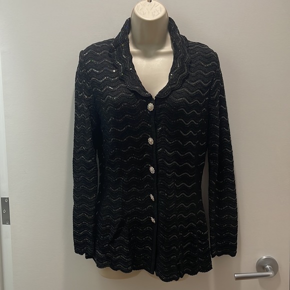 St. John Couture by Marie Gray Black Mesh Sequin Cardigan with Floral Buttons 4 - Picture 3 of 12